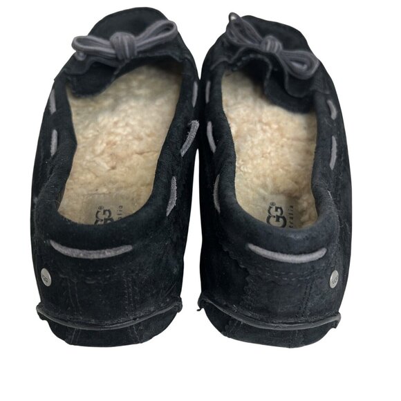 Ugg Womens Ansley Black Suede Moccasin Slippers Shearling Lining/Grey Bow Size 8 - Picture 5 of 6